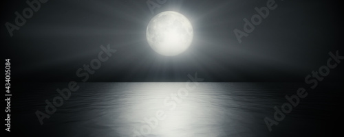 full moon in the sky background reflection in the sea ocean water. 3D render