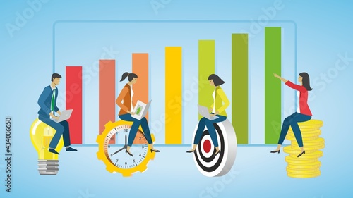 Business finance teamwork and projektplan for growth. People working and analyzing progress. Concept business success. Dimension 16:9. EPS10. Vector illustration.