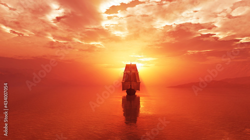 Принти на полотні old ship at sea sunset illustration