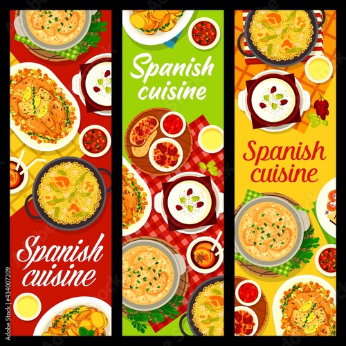 Spanish cuisine vector banners almond soup ajo blanco, garlic lemon chicken, spicy potato tapas patatas bravas and seafood pasta paella with bacon and chorizo sausage tapas migas food meals of Spain