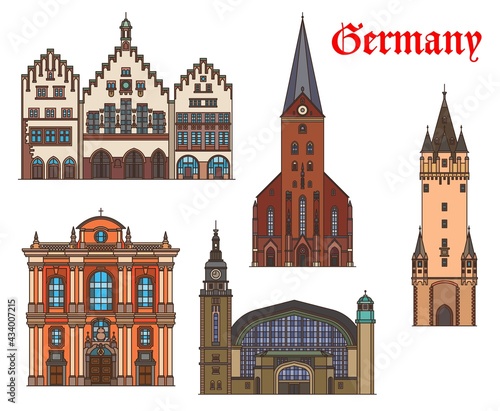 Germany, Hamburg, Munich and Frankfurt architecture buildings, vector travel landmarks. Railway station Hauptbahnhof, Romer city hall in Frankfurt am Main, Eschenheim Tower and Saint Peter church