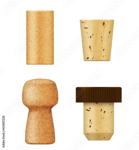 Corks and wine stoppers for bottle, vector realistic 3D objects. Champagne and cognac alcohol drink cork caps or stopper plugs of cork wood natural and synthetic texture