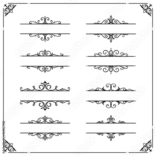 Vintage borders and frames with flourishes vector set. Elegant adornment, monochrome decor for wedding invitation cards or certificates. Embellishment in victorian style isolated on white background