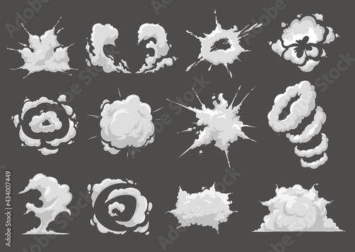 Burst or explosion cartoon vector effects. Bomb or explosive detonation, rocket launch smoke trace and dust cloud. Comic boom, bang or hit, attack blast, dynamite blaze and vapor puff icon set