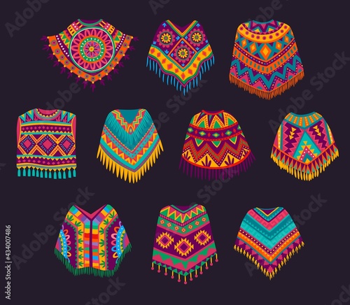 Cartoon Mexican poncho, vector traditional clothes of Mexico, decorated with bright ethnic pattern of colorful stripes, floral ornaments and fringes. Mexican poncho or serape, festive garment design