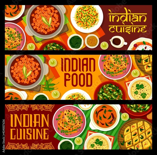 Indian spice food vector banners with Asian cuisine vegetable and meat curry. Lentil, chicken, chickpea and okra curry with green chutney, cabbage salad and corn soup, cake and kulfi ice cream