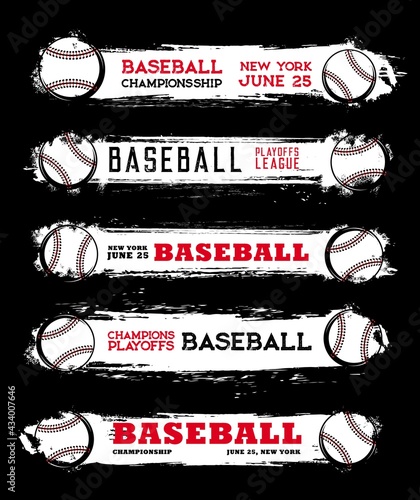 Baseball sport championship grunge banners. Baseball playoffs league, tournament announcement with baseball balls, scratches and paint smudges, grungy background and vintage typography