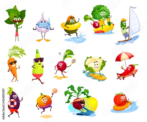 Vegetable characters on beach vacation, vector summer leisure activities, travel and holiday. Cute tomato, chilli pepper, carrot and garlic, broccoli, zucchini or avocado swimming, sunbathing, surfing