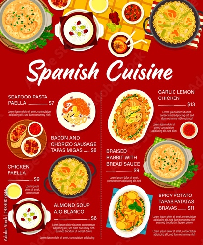 Spanish cuisine vector menu seafood pasta paella, braised rabbit with bread sauce and almond soup ajo blanco. Chicken paella, spicy potato patatas bravas, bacon and chorizo sausage tapas migas meals