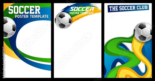 Soccer, football posters with realistic 3d ball and colorful cartoon and grunge trails of yellow, green and blue colors on white background. Club championship or tournament game vector invite cards