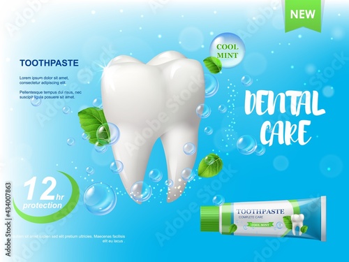 Mint toothpaste, white healthy tooth poster. Spearmint leaves, water bubbles and tube with paste. Dental care product, plaque protection and repair. Advertising promo banner, realistic 3d vector
