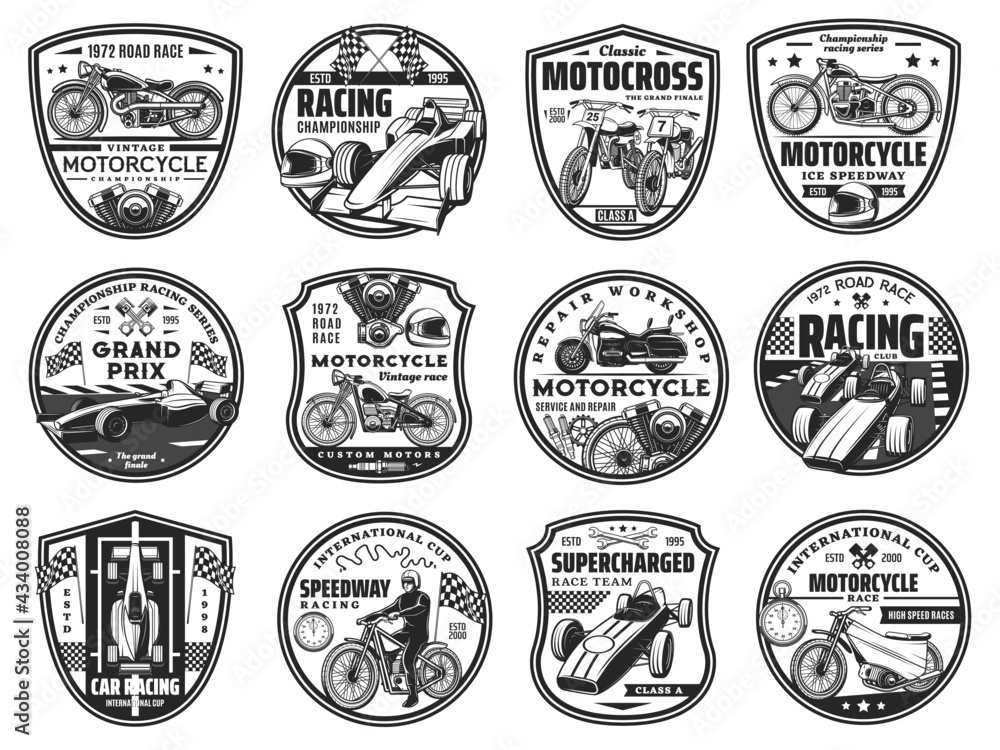 Obraz premium Motorcycle and car road race icons set. Retro chopper and modern motocross bikes, formula one cars and engine pistons, racer on motorbike engraved vector. Racing team, motorcycle repair service emblem