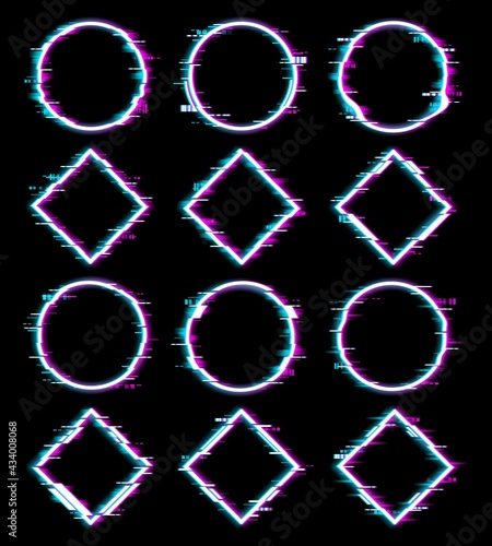 Screen glitch effect on geometric figures. Distorted circle, square or rhombus with screen pixels digital noise. Cyberpunk, 80s retro vector design elements with neon halo or aureola light