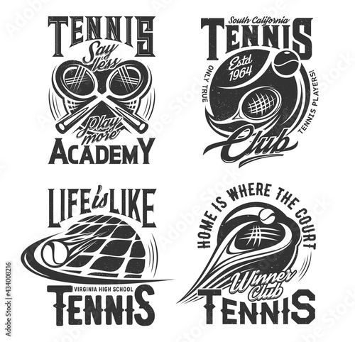 Tennis school, racket sport club t-shirt prints. Crossed rackets and flying after hit ball engraved vector. Tennis sport academy, player clothing retro print design, monochrome emblems