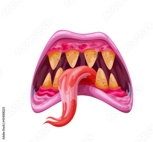 Cartoon monster jaws, mouth, teeth and tongue. Vector fantasy creature, Halloween creepy monster or ghoul maw with dirty yellow teeth, sharp fangs and forked long tongue in saliva