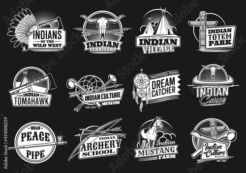 Indian, wild west vector icons indians territory, village or totem park, tomahawk, culture museum and dream catcher with canoe. Peace pipe, archer school, mustang farm isolated monochrome emblems set
