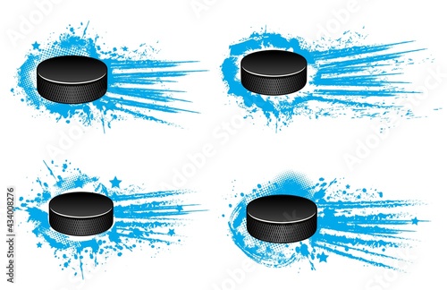 Ice hockey pucks vector design with winter sport game player equipment. Black rubber pucks on grunge blue background of ice rink with paint splashes, halftone pattern, motion trails and stars