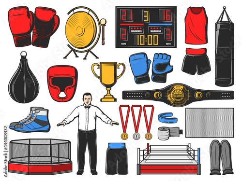 Boxing icons of kickboxing or MMA fight equipment and items, vector. Boxing garments and equipment of box glove, punching bag and boxer helmet, referee judge and ring, winner belt award and outfit