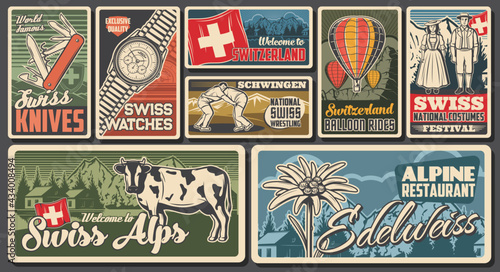Switzerland travel and Swiss landmarks posters, retro vector. Switzerland flag, watches and knives, Swiss national culture costumes, schwingen wrestling sport, alp cows and alpine restaurant edelweiss