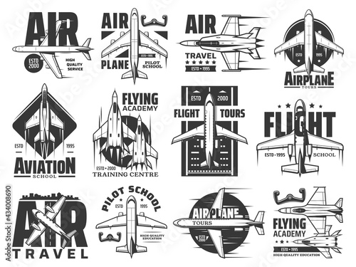 Air travel tours and aviation school icons set. Army flying academy training center, pilot courses emblem or badge. Civil passenger airliner and military jet fighters, modern propeller aircraft vector