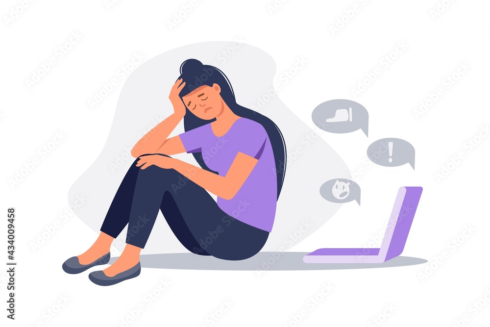 Depressed woman sitting on the floor in front of laptop screen surrounded by message bubbles. Cyber bullying in social networks and online abuse concept. Vector flat cartoon illustration Depressed woman sitting on the floor in front of laptop screen surrounded by message bubbles. Cyber bullying in social networks and online abuse concept. Vector flat cartoon illustration