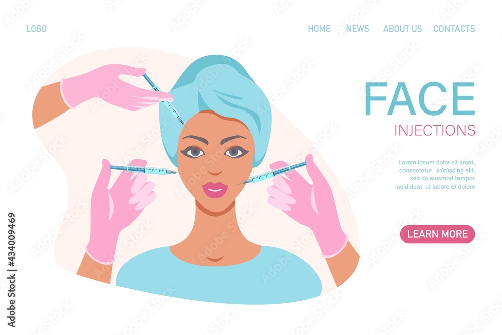 Doctor in medical gloves with syringe injects fillers. Anti wrinkle surgery. Beauty young woman injection. Facial wrinkle treatment concept. Vector flat illustration. Design for banner, landing page Doctor in medical gloves with syringe injects fillers. Anti wrinkle surgery. Beauty young woman injection. Facial wrinkle treatment concept. Vector flat illustration. Design for banner, landing page