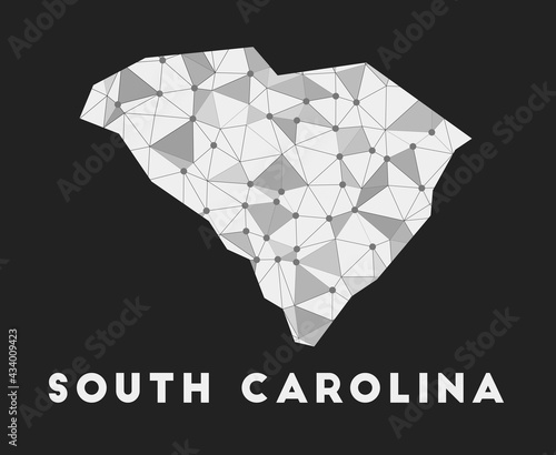 South Carolina - communication network map of the US state. South Carolina trendy geometric design on a dark background. Technology, internet, network, telecommunication concept. Vector illustration.