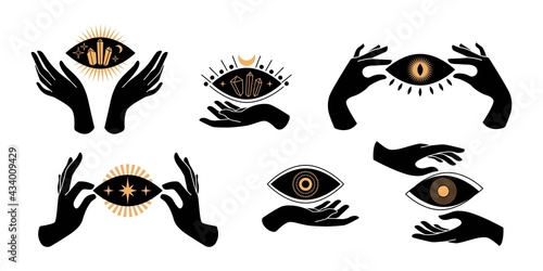 Boho black hands silhouettes esoteric icons with spiritual symbols crescent moon, star, eye, sun. Black female mystical concept. Vector flat illustration. Design for t-shirt prints, posters, tattoo