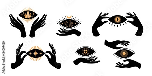 Boho black hands silhouettes esoteric icons with spiritual symbols  crescent moon,  star, eye, sun. Black female mystical concept. Vector flat illustration. Design for t-shirt prints, posters, tattoo