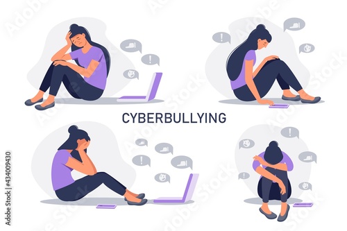 Set of depressed woman sitting with phone in front of laptop screen  surrounded by message bubbles. Cyber bullying in social networks and online abuse concept. Vector flat cartoon illustration