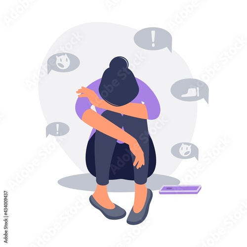 Depressed woman sitting  on the floor with phone surrounded by message bubbles. Cyber bullying in social networks and online abuse concept. Vector flat cartoon illustration