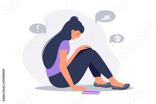 Depressed woman sitting  on the floor with phone   surrounded by message bubbles. Cyber bullying in social networks and online abuse concept. Vector flat cartoon illustration