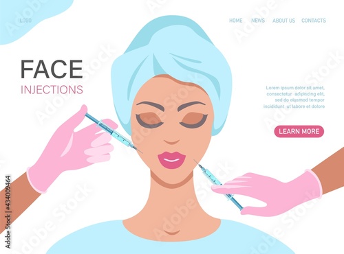 Doctor in medical gloves with syringe injects fillers. Anti wrinkle surgery. Beauty young woman injection. Facial wrinkle treatment concept. Vector flat illustration. Design for banner, landing page