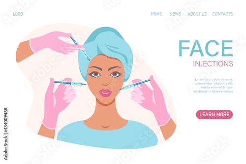 Doctor in medical gloves with syringe injects fillers. Anti wrinkle surgery. Beauty young woman injection. Facial wrinkle treatment concept. Vector flat illustration. Design for banner, landing page