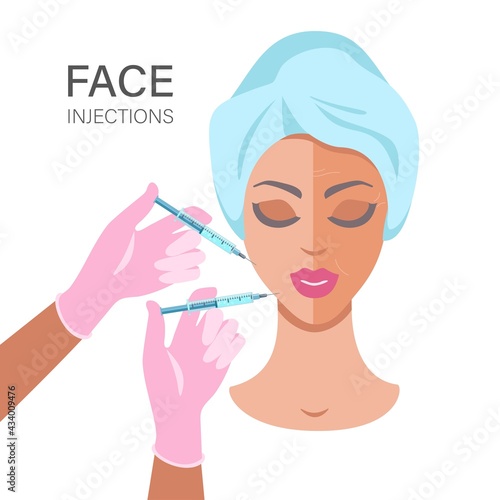 Doctor in medical gloves with syringe injects fillers. Beauty young woman injection. Anti wrinkle surgery. Facial wrinkle treatment concept. Vector flat illustration. Design for banner, landing page