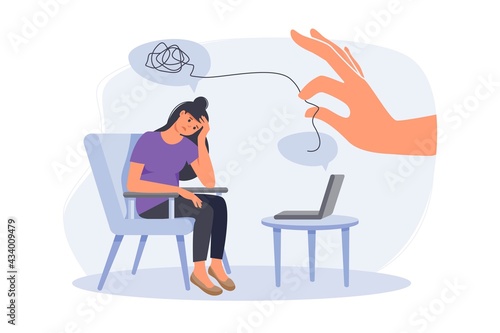 Psychologist doctor consulting patient in therapy session.. On line psychotherapy counseling concept. Mental health, depression. Human mental problem solutions. Modern flat cartoon style