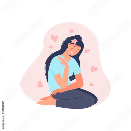 Love yourself vector flat illustration isolated on white background. Smiling woman hug herself with hearts. Body care design concept for banner, flyer, card