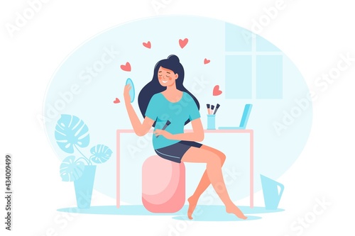 Woman sitting in front of makeup table. Love yourself concept. Smiling girl watching mirror with hearts, plant. Design for banner, flyer, card