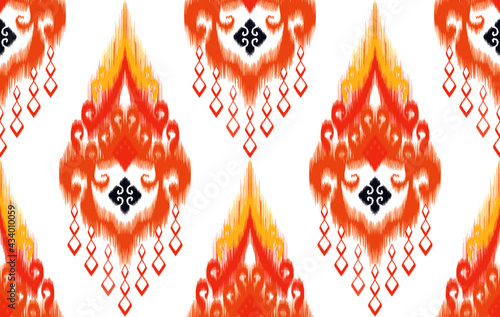 Tribal ikat seamless pattern design. Aztec fabric carpet mandala ornament native boho chevron textile decoration. Geometric vector illustrations background.