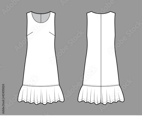 Dress dropped waist technical fashion illustration with sleeveless, oversized body, knee length skirt, round neck. Flat apparel front, back, white color style. Women, men unisex CAD mockup