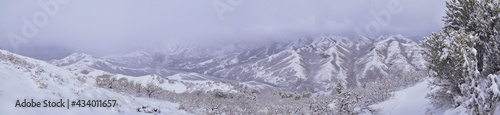 Little Black Mountain Peak hiking trail snow views winter via Bonneville Shoreline Trail, Wasatch Front Rocky Mountains, by Salt Lake City, Utah. United States.