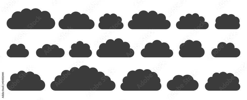 Black flat vector cloud set. Clouds cartoon symbols on white background for web site design, logo, app. Bubble icon collection for infographic design. Label and stickers Black flat vector cloud set. Clouds cartoon symbols on white background for web site design, logo, app. Bubble icon collection for infographic design. Label and stickers