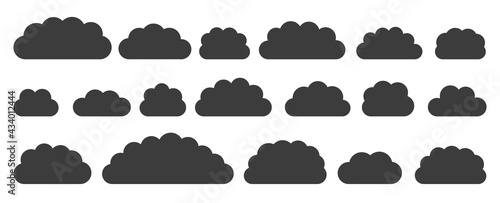 Black flat vector cloud set. Clouds cartoon symbols on white background for web site design, logo, app. Bubble icon collection for infographic design. Label and stickers