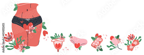 Period Power. Set of menstruation, period, female uterus, reproductive system stickers. Zero waste objects. Woman with tampon, panties, menstrual cup, sanitary towel, tablets, womb in cartoon vector