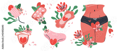 Period Power. Set of menstruation, period, female uterus, reproductive system stickers. Zero waste objects. Woman with tampon, panties, menstrual cup, sanitary towel, tablets, womb in cartoon vector