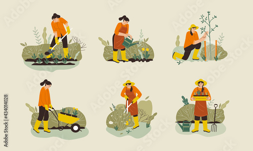 Woman gardening. Woman planting gardens flowers, agriculture gardener hobby and garden job. Gardening person, gardener flowers cutter working. Flat vector illustration set