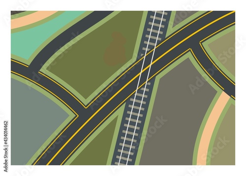 Road branch with rail crossing.