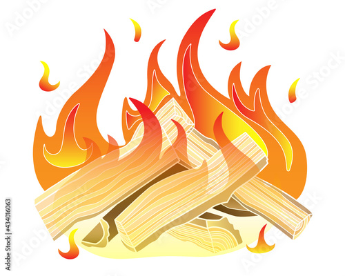 Bonfire. Burning wood, fire and sparks - vector full color illustration. Burning logs. Bright sparks over a hot hearth.