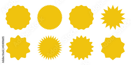 Yellow shopping labels collection. Sale or discount sticker. Special offer price tag. Supermarket promotional badge. Vector sunburst icon.