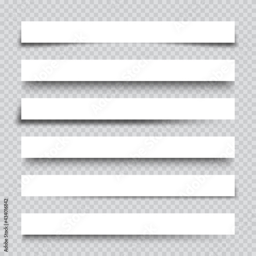 Set of white blank paper scraps with shadows. Page dividers on checkered background. Realistic transparent shadow effect. Element for design. Vector illustration.